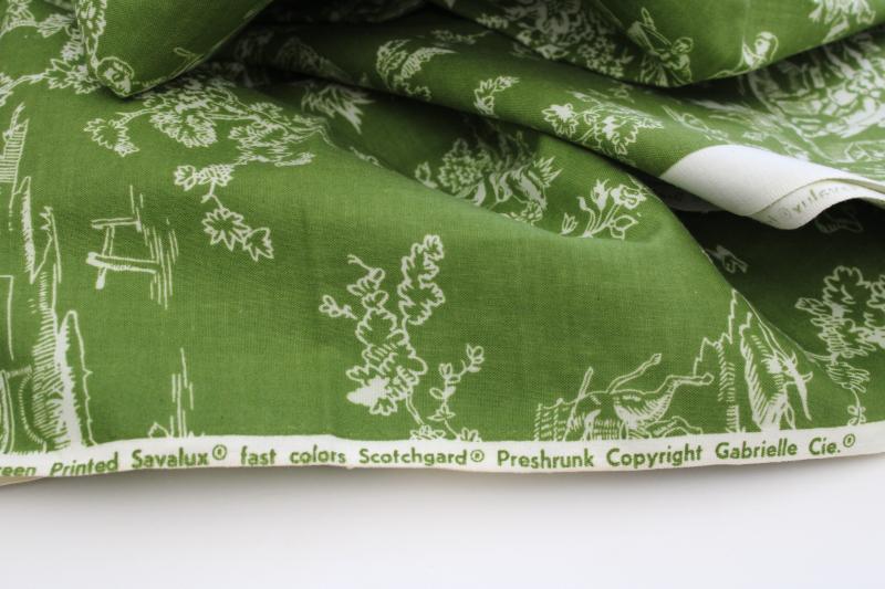 photo of vintage linen weave cotton fabric, french country scenes toile print olive green / white #7