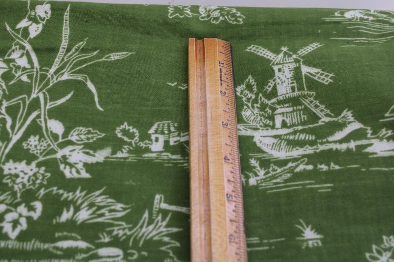 photo of vintage linen weave cotton fabric, french country scenes toile print olive green / white #9