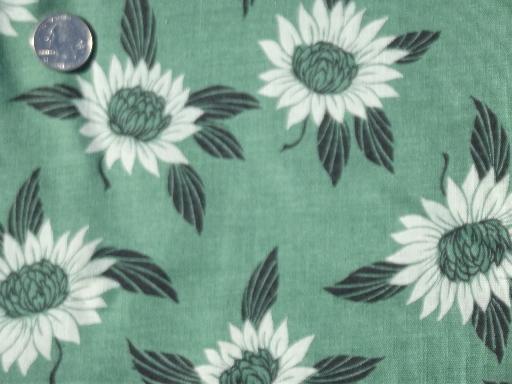photo of vintage linen weave cotton fabric, large daisy print on Irish green #1