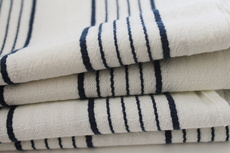 photo of vintage linen weave fabric, white cotton w/ navy blue woven stripe, preppy coastal fashion or decor fabric  #1