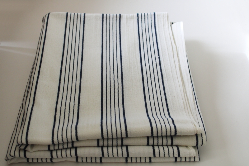 photo of vintage linen weave fabric, white cotton w/ navy blue woven stripe, preppy coastal fashion or decor fabric  #2