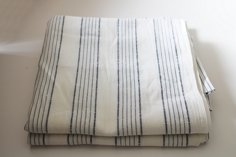 photo of vintage linen weave fabric, white cotton w/ navy blue woven stripe, preppy coastal fashion or decor fabric  #3