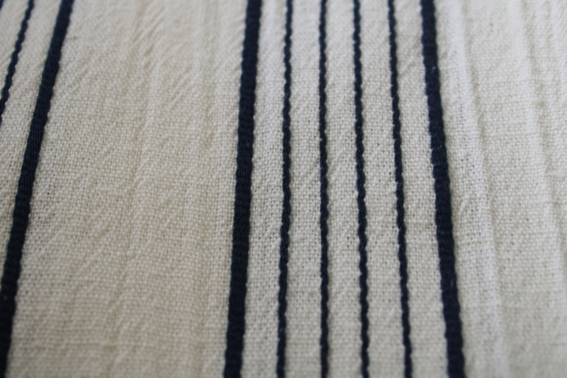 photo of vintage linen weave fabric, white cotton w/ navy blue woven stripe, preppy coastal fashion or decor fabric  #4