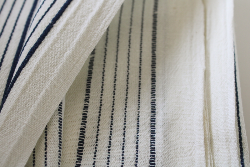 photo of vintage linen weave fabric, white cotton w/ navy blue woven stripe, preppy coastal fashion or decor fabric  #5