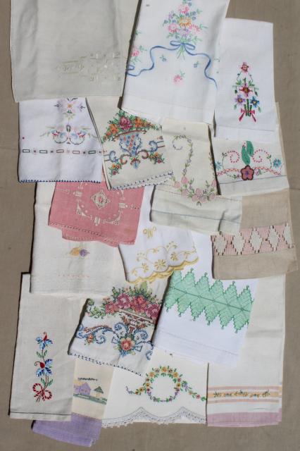 photo of vintage linens, hand embroidered tea towels & guest towels, cotton & linen towel lot #1