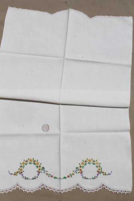 photo of vintage linens, hand embroidered tea towels & guest towels, cotton & linen towel lot #2