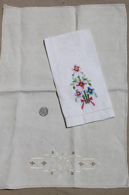 photo of vintage linens, hand embroidered tea towels & guest towels, cotton & linen towel lot #3