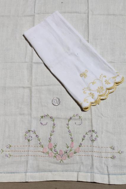 photo of vintage linens, hand embroidered tea towels & guest towels, cotton & linen towel lot #6