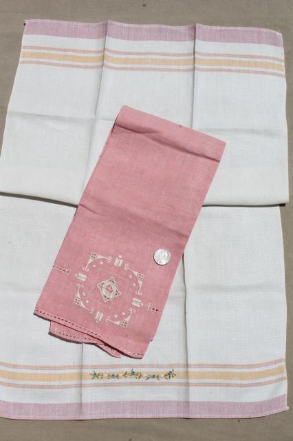 photo of vintage linens, hand embroidered tea towels & guest towels, cotton & linen towel lot #7