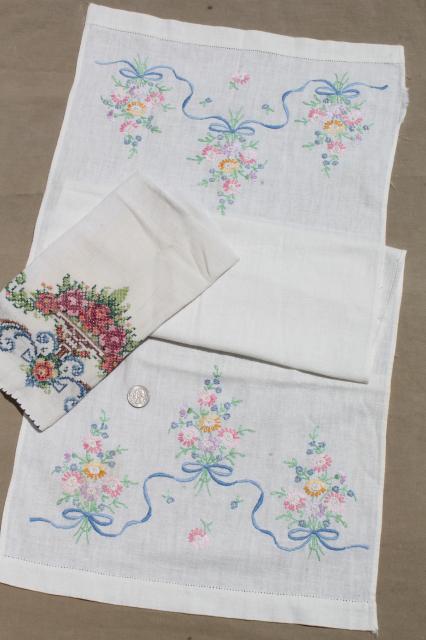 photo of vintage linens, hand embroidered tea towels & guest towels, cotton & linen towel lot #8