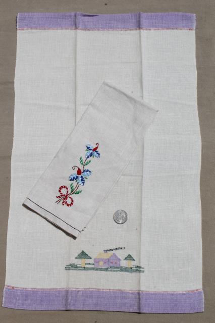 photo of vintage linens, hand embroidered tea towels & guest towels, cotton & linen towel lot #9