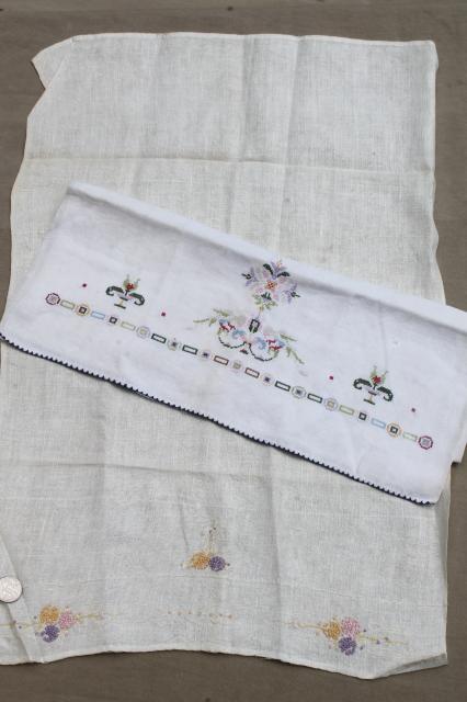 photo of vintage linens, hand embroidered tea towels & guest towels, cotton & linen towel lot #10