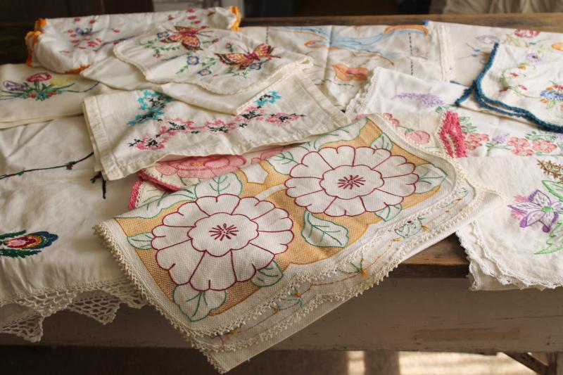 photo of vintage linens lot, cotton table runners w/ embroidery for shabby boho decor or upcycle #9