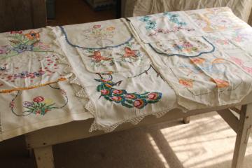 catalog photo of vintage linens lot, cotton table runners w/ embroidery for shabby boho decor or upcycle