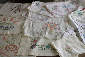 catalog photo of vintage linens lot, cotton table runners w/ embroidery to upcycle for sewing, decor, quilting