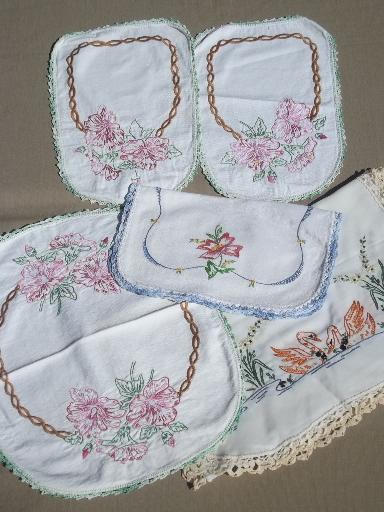 photo of vintage linens lot, embroidered table runners w/ crochet lace edging #6