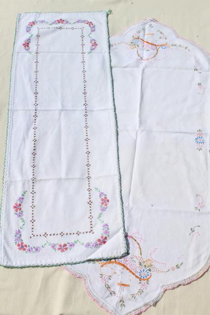 photo of vintage linens lot, embroidered table runners w/ crochet lace edging, hand stitched embroidery  #2