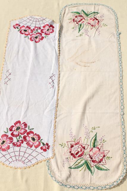 photo of vintage linens lot, embroidered table runners w/ crochet lace edging, hand stitched embroidery  #6