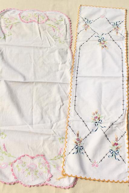 photo of vintage linens lot, embroidered table runners w/ crochet lace edging, hand stitched embroidery  #8