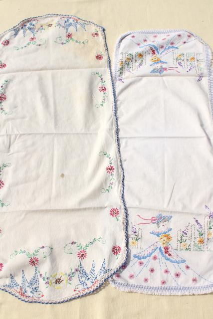 photo of vintage linens lot, embroidered table runners w/ crochet lace edging, hand stitched embroidery  #9