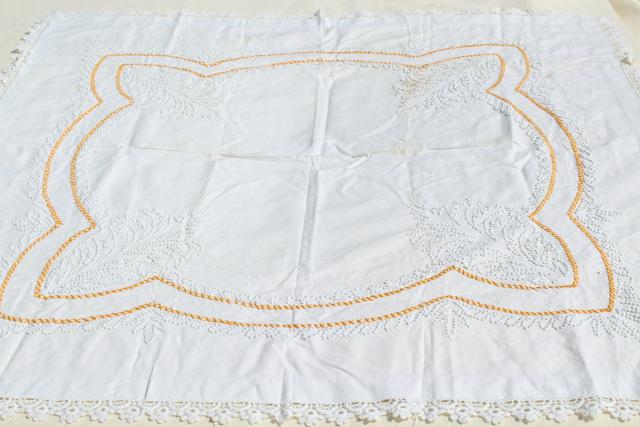 photo of vintage linens lot, embroidered table runners w/ crochet lace edging, hand stitched embroidery  #12