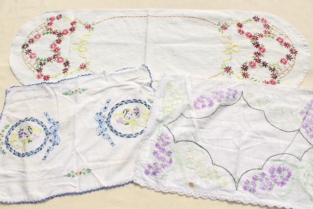 photo of vintage linens lot, embroidered table runners w/ crochet lace edging, hand stitched embroidery  #15