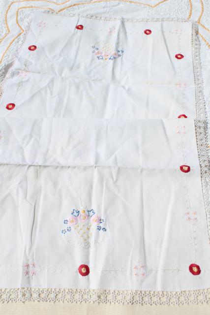 photo of vintage linens lot, embroidered table runners w/ crochet lace edging, hand stitched embroidery  #17