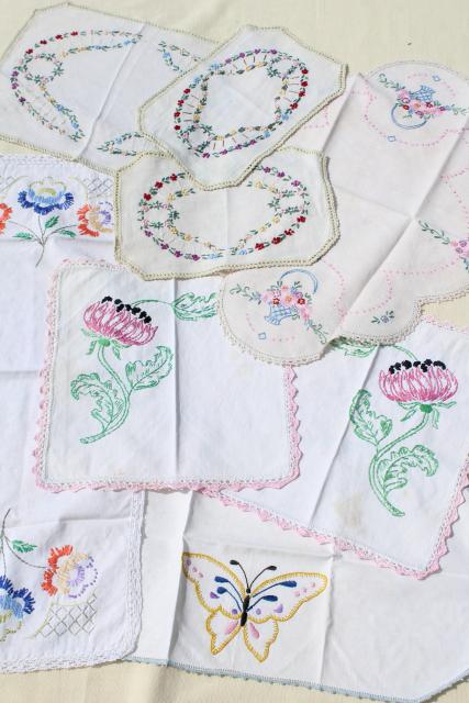 photo of vintage linens lot, embroidered table runners w/ crochet lace edging, hand stitched embroidery  #20