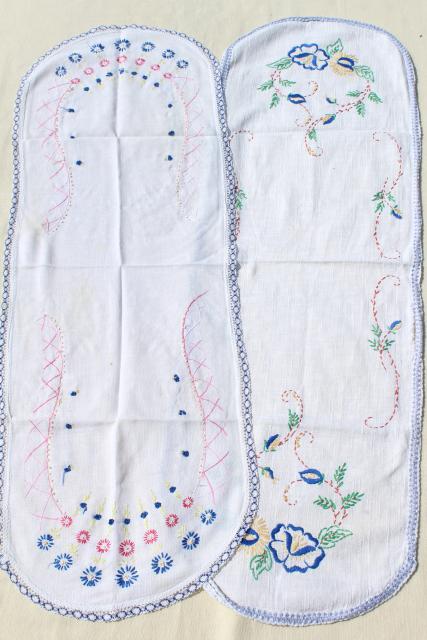 photo of vintage linens lot, embroidered table runners w/ crochet lace edging, hand stitched embroidery  #23