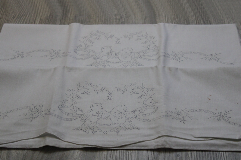 photo of vintage linens stamped for embroidery, large lot of pillowcases to embroider #12