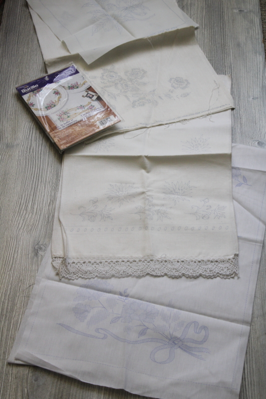 photo of vintage linens stamped for embroidery, lot of table runners or dresser scarves to embroider #1