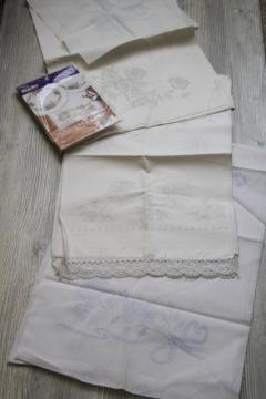 catalog photo of vintage linens stamped for embroidery, lot of table runners or dresser scarves to embroider
