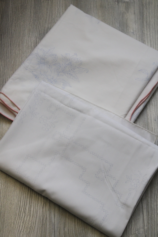 photo of vintage linens stamped for embroidery, lot poly cotton fabric tablecloths to embroider #1