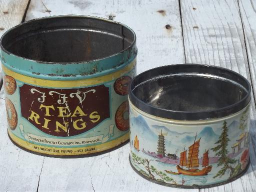 photo of vintage litho metal butter cookie tins, golden bits, tea rings biscuits  #1