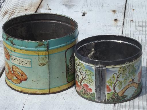 photo of vintage litho metal butter cookie tins, golden bits, tea rings biscuits  #2