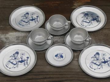 catalog photo of vintage litho print aluminum metal doll dishes, child's toy dish set