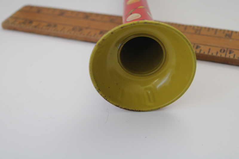 photo of vintage litho print metal noisemaker, New Year or party tin horn marked USA, Ohio Art #3