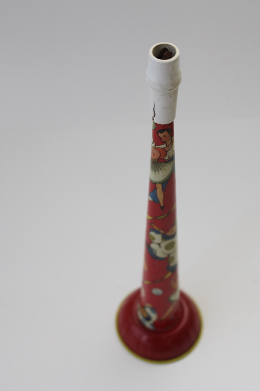 photo of vintage litho print metal noisemaker, New Year or party tin horn marked USA, Ohio Art #4