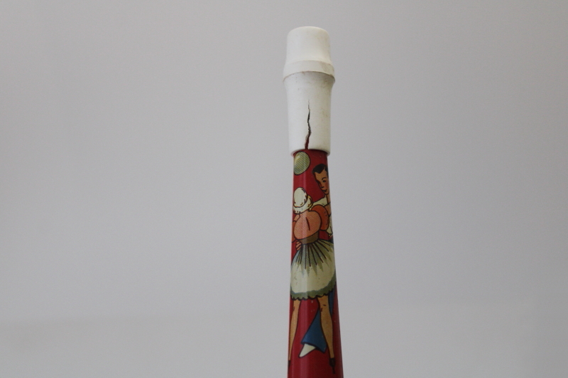 photo of vintage litho print metal noisemaker, New Year or party tin horn marked USA, Ohio Art #7