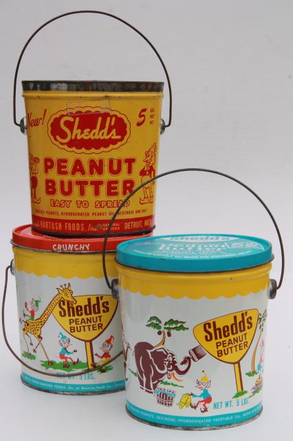 photo of vintage litho print tin can pails, Shedd's Peanut Butter pail collection, sand bucket size #1