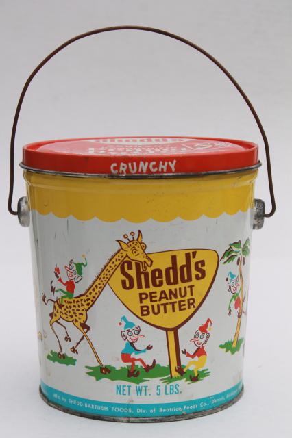 photo of vintage litho print tin can pails, Shedd's Peanut Butter pail collection, sand bucket size #4