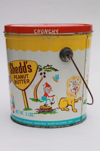 photo of vintage litho print tin can pails, Shedd's Peanut Butter pail collection, sand bucket size #6