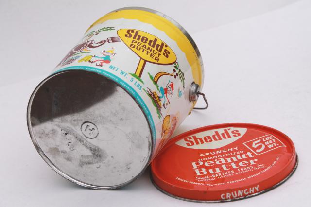 photo of vintage litho print tin can pails, Shedd's Peanut Butter pail collection, sand bucket size #8