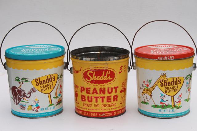 photo of vintage litho print tin can pails, Shedd's Peanut Butter pail collection, sand bucket size #9