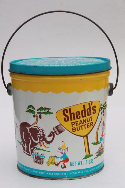 photo of vintage litho print tin can pails, Shedd's Peanut Butter pail collection, sand bucket size #10