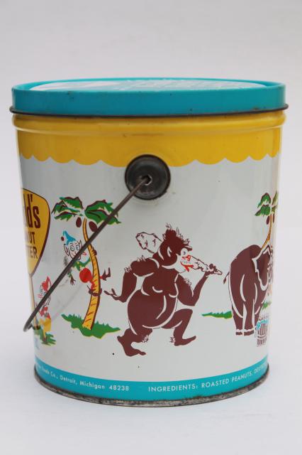 photo of vintage litho print tin can pails, Shedd's Peanut Butter pail collection, sand bucket size #11