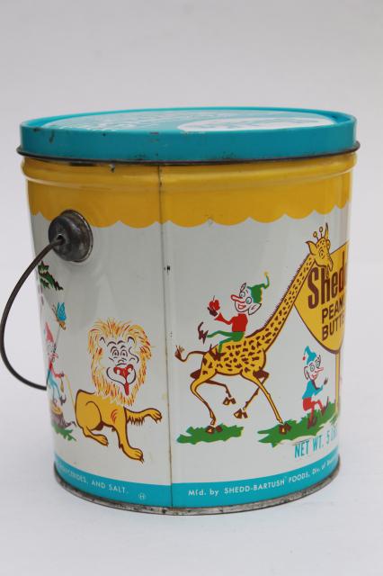 photo of vintage litho print tin can pails, Shedd's Peanut Butter pail collection, sand bucket size #12