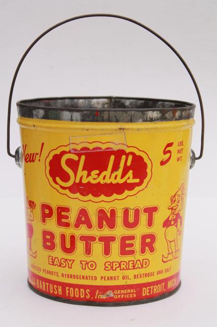 photo of vintage litho print tin can pails, Shedd's Peanut Butter pail collection, sand bucket size #15