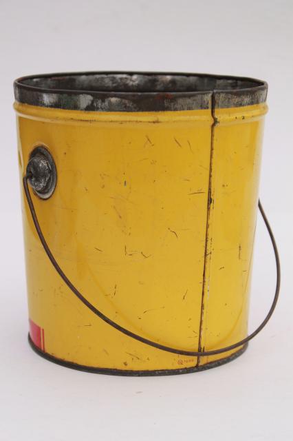 photo of vintage litho print tin can pails, Shedd's Peanut Butter pail collection, sand bucket size #16