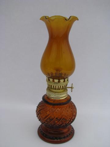 photo of vintage little glass oil lamps w/ shades, amber gold mini lamp lot #4